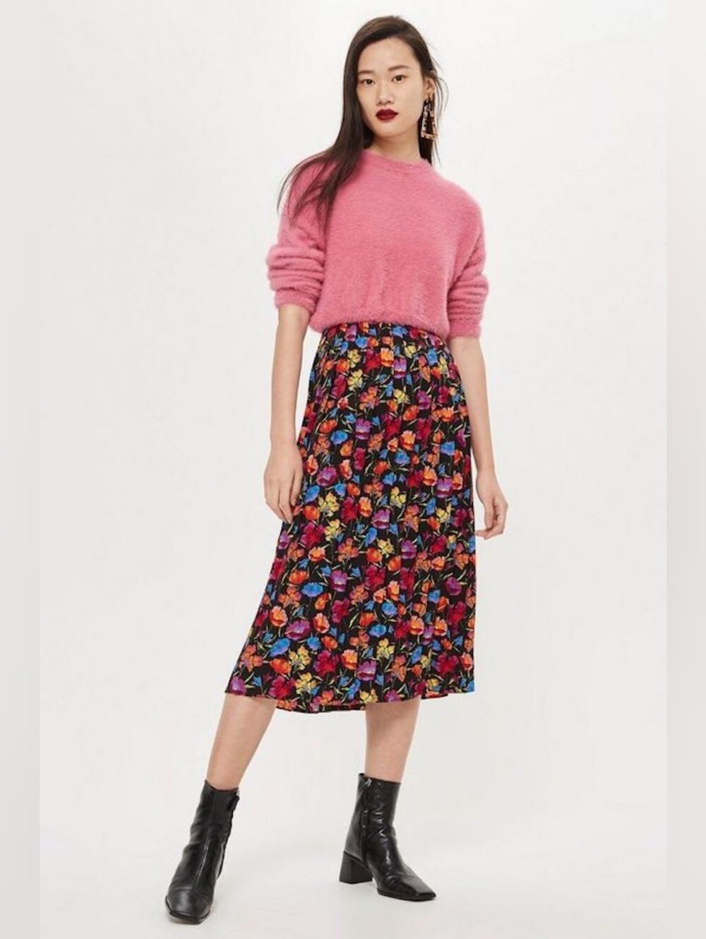 Topshop Black Floral Pleated Midi Skirt Size US 6
